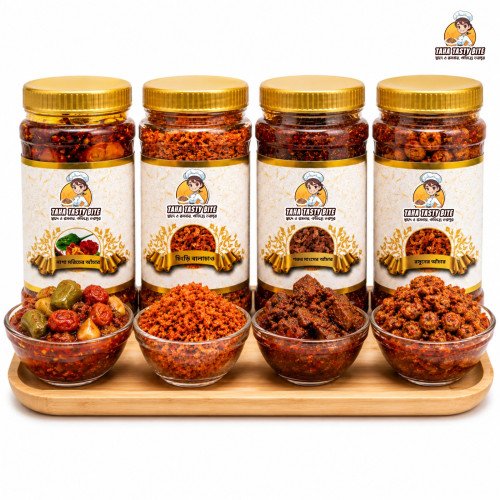 চিংড়ি বালাচাও ২০০ গ্রাম, গরুর মাংসের আচার ২৫০ গ্রাম, রসুনের আঁচার ২৫০ গ্রাম, নাগা মরিচের আঁচার ২৫০ গ্রাম